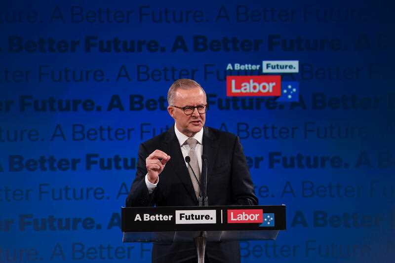 ustralian Opposition Leader Anthony Albanese speaks at the Labor Party campaign launch at Optus Stadium on Day 21 of the 2022 federal election campaign, in Perth, Sunday, May 1, 2022.