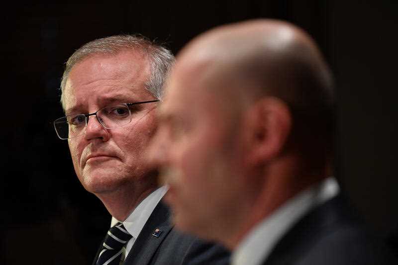 Prime Minister Scott Morrison and Treasurer Josh Frydenberg at a press conference on Day 23 of the 2022 federal election campaign, in Treasury Place in Melbourne, Tuesday, May 3, 2022