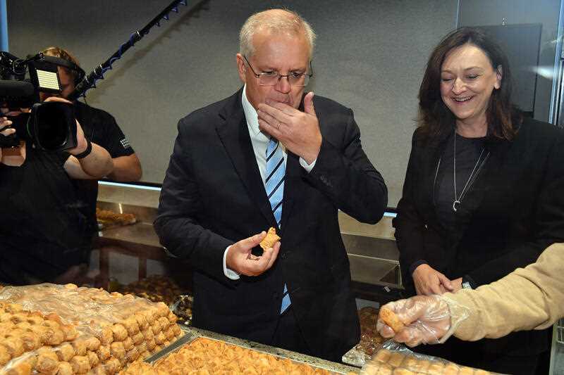 Prime Minister Scott Morrison and Liberal candidate for Parramatta Maria Kovacic at Alba’s Pastries on Day 25 of the 2022 federal election campaign, in Granville in Sydney, in the seat of Parramatta. Thursday, May 5, 2022