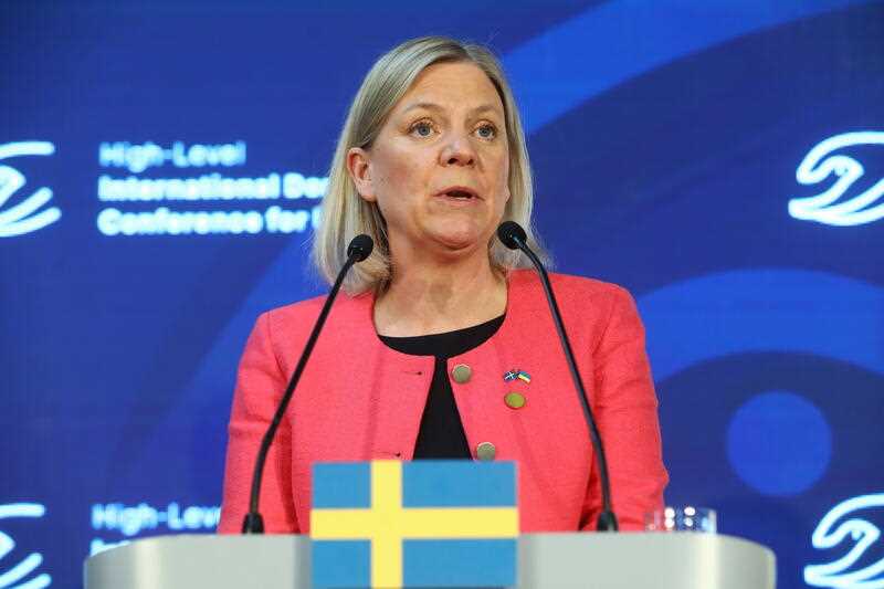 Swedish Prime Minister Magdalena Andersson attends a press conference following the end of the International Conference of High-Level International Donors' Conference for Ukraine at the National Stadium in Warsaw, Poland 05 May 2022.