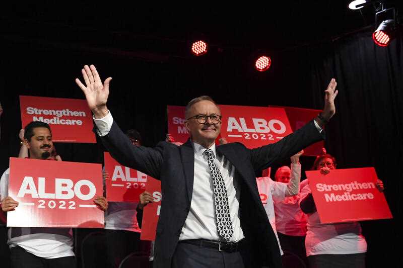 Australian Opposition Leader Anthony Albanese acknowledges the crowd after speaking at a Tasmanian Labor Party campaign launch on Day 27 of the 2022 federal election campaign, in Launceston, Saturday, May 7, 2022