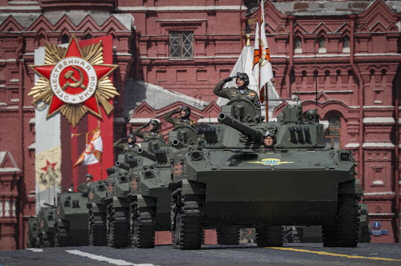 Russian BMD-4 amphibious infantry fighting vehicles roll through the Red Square during the Victory Day military parade in Moscow, Russia, 09 May 2022.