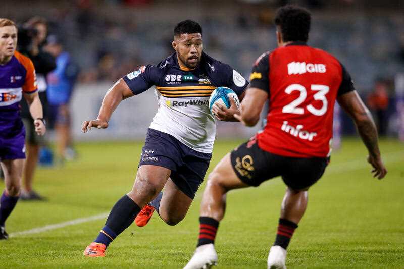 Folau Fainga'a in possession during the Super Rugby Pacific Round 13 match between the ACT Brumbies and the Canterbury Crusaders at GIO Stadium in Canberra, Friday, May 13, 2022