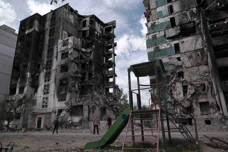 Buildings that were attacked by Russian troop are pictured in Borodianka, Kyiv Oblast on May 13, 2022.