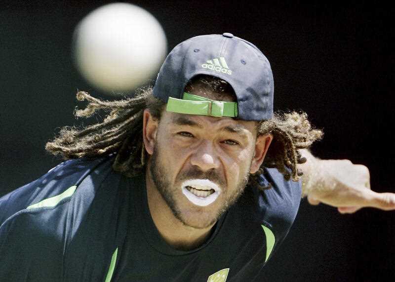 Australian cricketer Andrew Symonds bowls in the nets during a training session on April 15, 2007