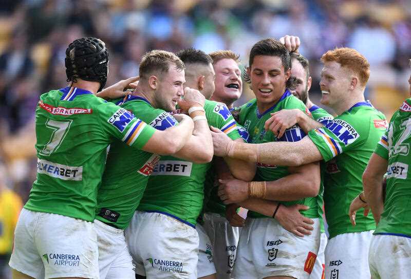 Raiders players celebrate the try of Corey Harawira-Naera of the Raiders during the NRL Round 10 match between the Cronulla Sharks and the Canberra Raiders at Suncorp Stadium in Brisbane, Sunday, May 15, 2022