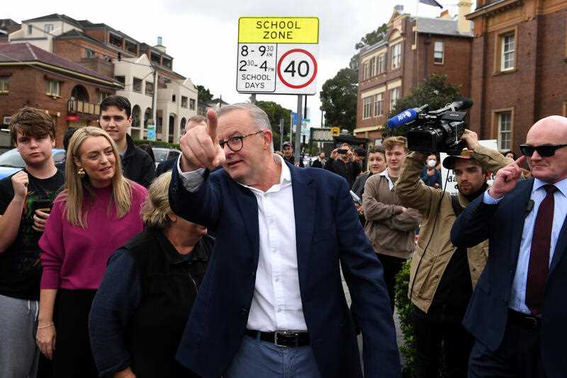 Australian Opposition Leader Anthony Albanese reacts after casting his vote at a polling booth at Marrickville Town Hall