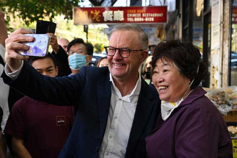 Prime Minister Anthony Albanese during a street walk with his partner Jodie Haydon and the Member-elect for Bennelong, Jerome Laxale in Eastwood, Sydney, Saturday, May 28, 2022
