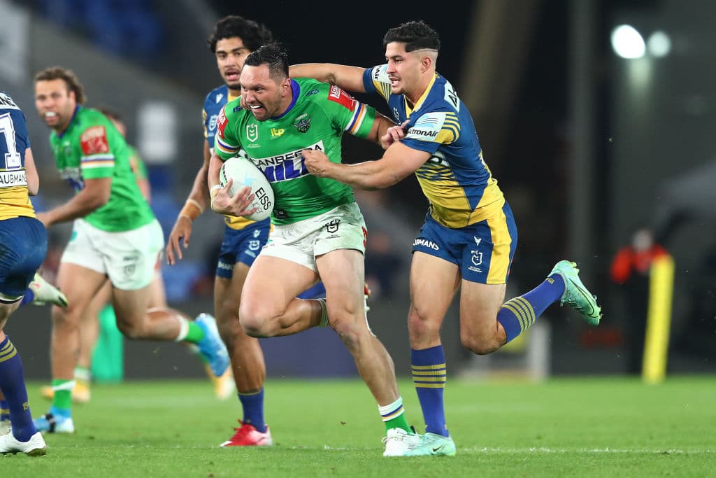 GOLD COAST, AUSTRALIA - JULY 22: Jordan Rapana of the Raiders runs the ball during the round 19 NRL match between the Parramatta Eels and the Canberra Raiders at Cbus Super Stadium, on July 22, 2021, in Gold Coast, Australia. (Photo by Chris Hyde/Getty Images)
