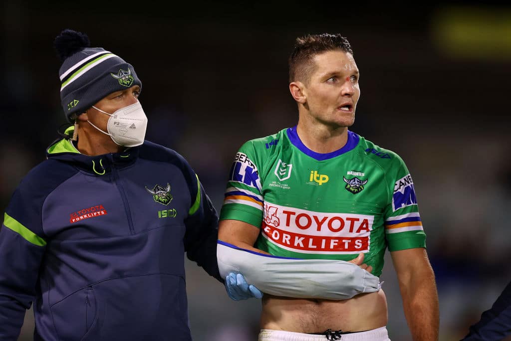 CANBERRA, AUSTRALIA - MAY 06: Jarrod Croker of the Raiders is taken from the field with an injury during the round nine NRL match between the Canberra Raiders and the Canterbury Bulldogs at GIO Stadium, on May 06, 2022, in Canberra, Australia. (Photo by Mark Nolan/Getty Images)
