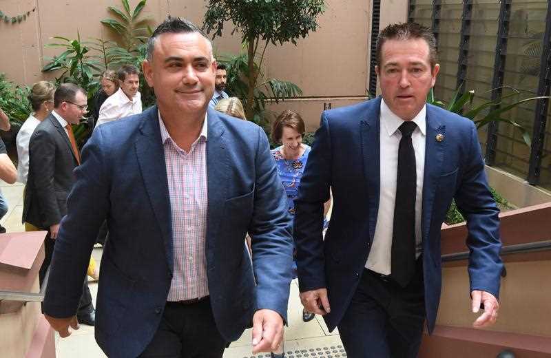 Then leader of the NSW Nationals John Barilaro and Deputy Leader Paul Toole (right) are seen following a press conference at NSW Parliament House, Friday, March 29, 2019.