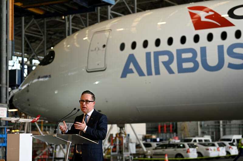 Qantas CEO Alan Joyce addresses the crowd following the arrival of the new Qantas Airbus A350-1000 at Sydney Domestic Airport, inSydney, Monday, May 2, 2022