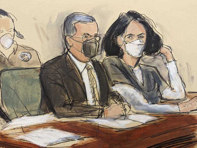 In this courtroom sketch, Ghislaine Maxwell, right, is seated beside her attorney, Christian Everdell, as they watch the prosecutor speak during her sentencing, Tuesday, June 28, 2022, in New York