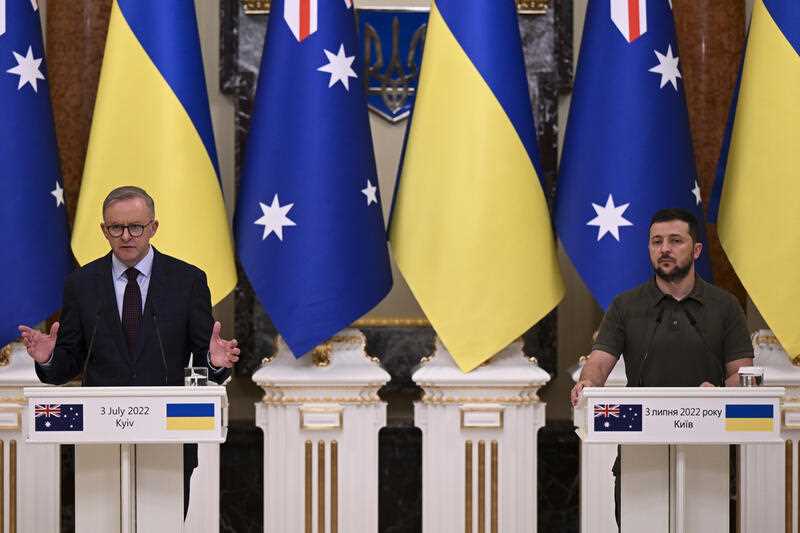 Australian Prime Minister Anthony Albanese (left) and Ukrainian President Volodymyr Zelenskiy speak to the media during a press conference at the Presidential Palace in Kyiv, Ukraine, Sunday, July 3, 2022