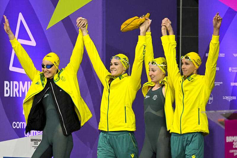 Madison Wilson, Shayna Jack, Mollie O'Callagahan and Emma McKeon of Team Australia arrive for the Women's 4 x 100m Freestyle Relay Final on Day 2 of the XXII Commonwealth Games at the Sandwell Aquatics Centre in Birmingham, England, Saturday, July 30, 2022