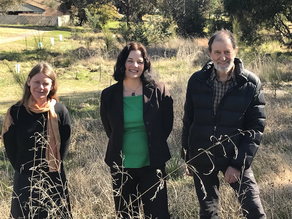Caption: Karissa Preuss, CEO of Landcare ACT; Jo Clay MLA, ACT Greens spokesperson for Parks and Conservation; and Dr John Giacon, convenor of the Emu Creek Landcare group. Photo: Nick Fuller