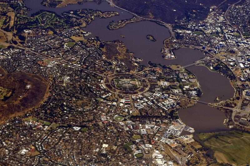 aerial view of Yarralumla, Parliament House and Lake Burley Griffin in Canberra