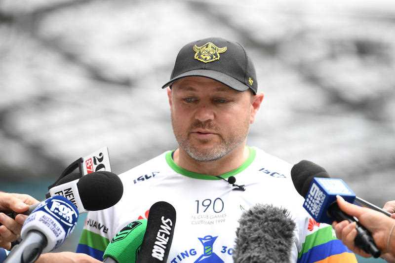 Canberra Raiders Assistant Coach Andrew McFadden speaks to media ahead of a training session at ANZ Stadium in Sydney, Saturday, October 5, 2019.