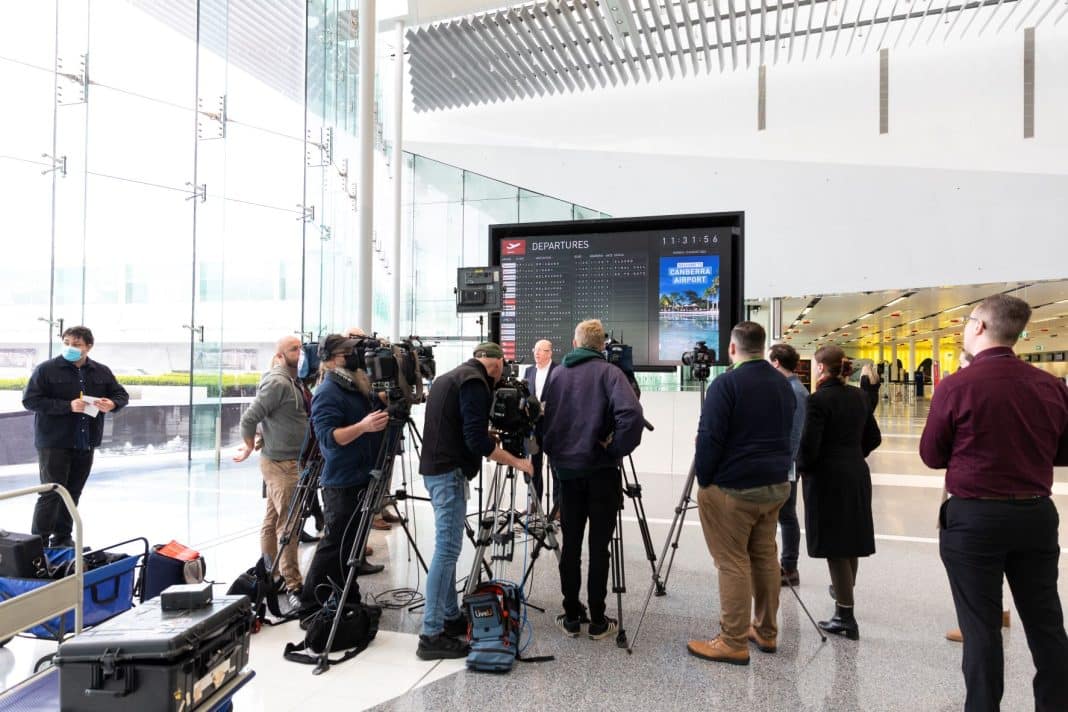 media conference at Canberra Airport on Monday following a random shooting the previous day