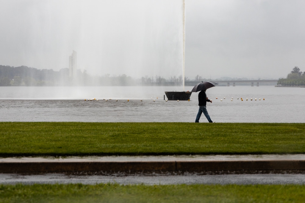 A man with an umbrella is seen walking in the rain around Lake Burley Griffin in Canberra