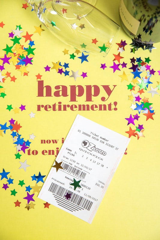 Oz Lotto ticket on a happy retirement card