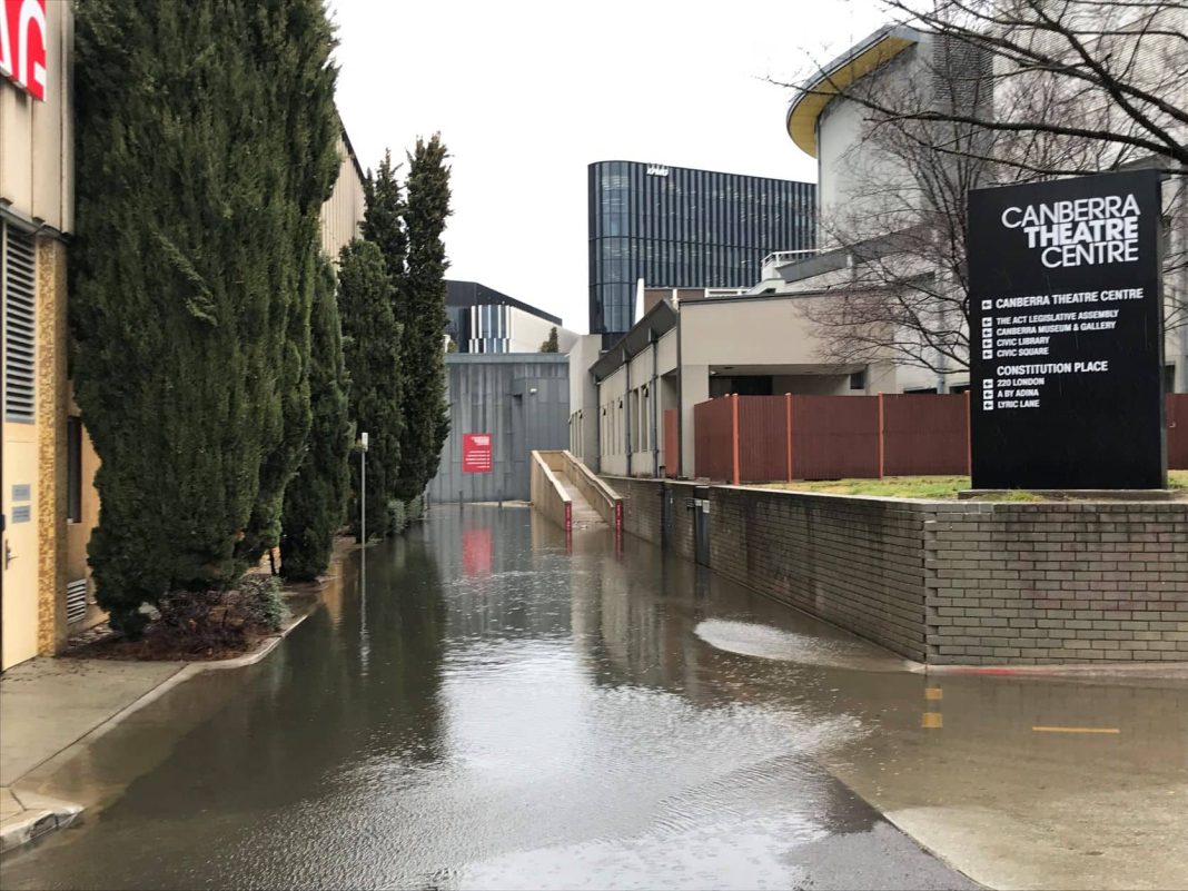 minor flooding outside Canberra Theatre on Thursday 4 August 2022