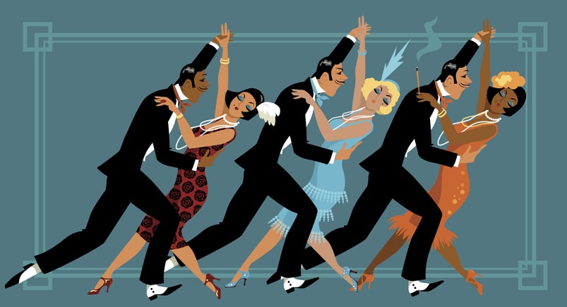 Illustration of 3 couples in 1920s fashion dancing