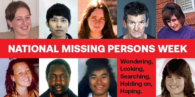 National Missing Persons Week poster showing faces of 9 long-term missing people from the ACT