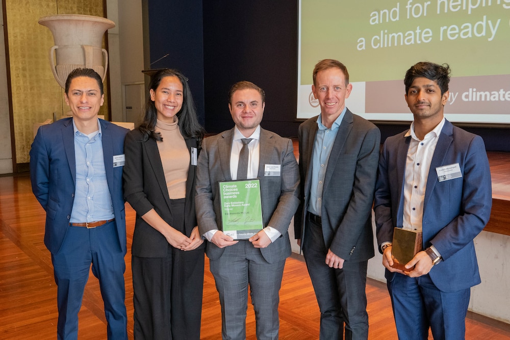 Shane Rattenbury (second from left) with Electromotiv, winners of the Zero Emissions Early Movers Award. Photo: ACT Government