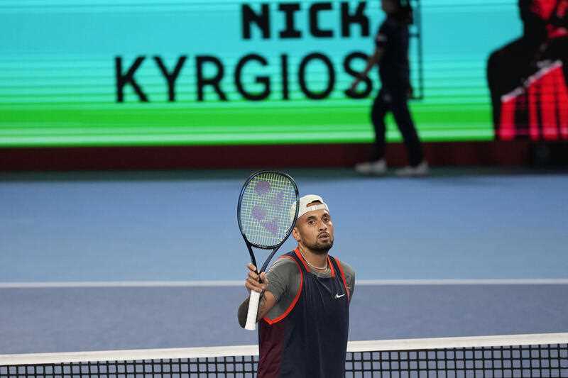 Nick Kyrgios of Australia reacts after winning over Tseng Chun-Hsin of Taiwan during a singles match in the Rakuten Open tennis championshps at Ariake Colosseum Tuesday, Oct. 4, 2022, in Tokyo.