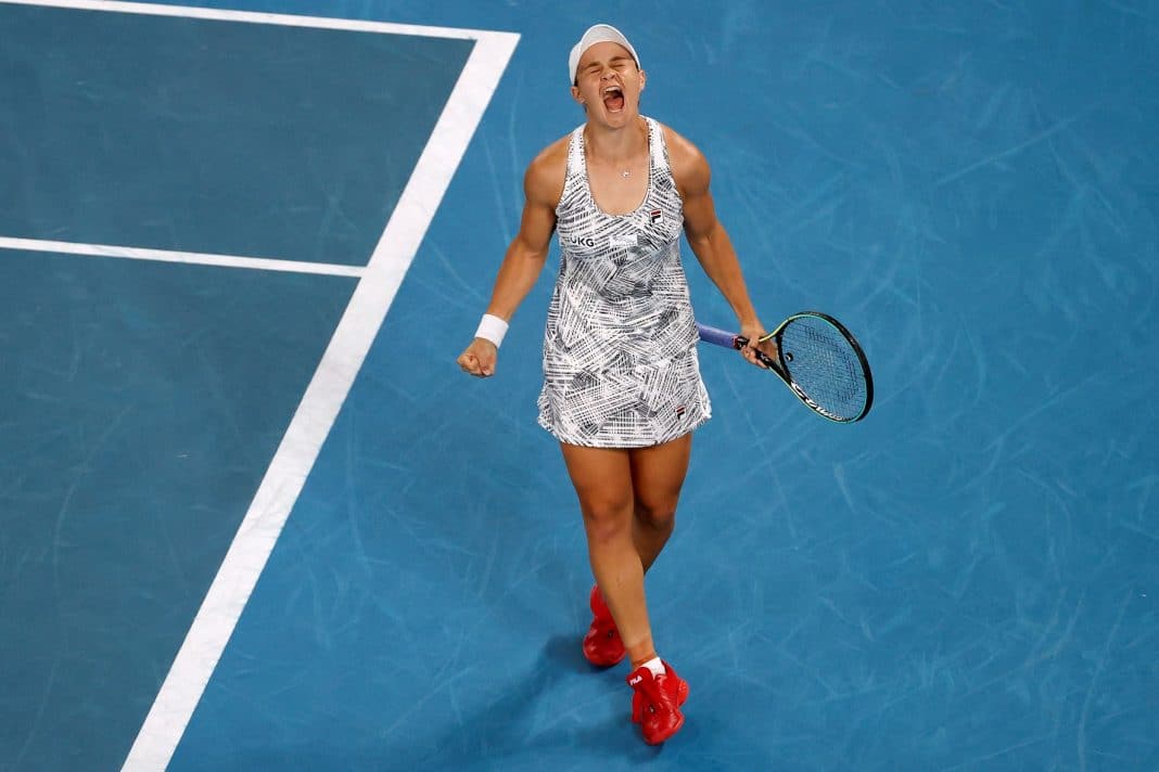 sh Barty of Australia celebrates her win over Danielle Collins of the U.S in the women's singles final at the Australian Open tennis championships in Melbourne, Australia on Jan. 29, 2022