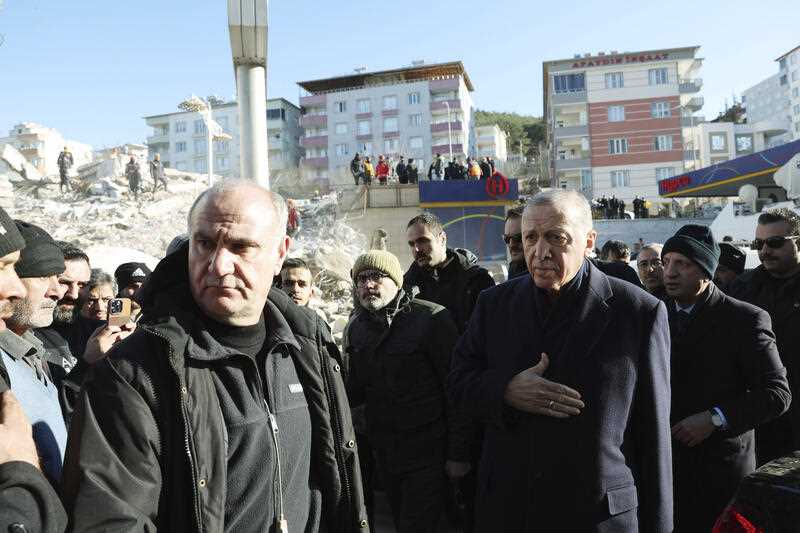 Turkey's President Recep Tayyip Erdogan visits the city center destroyed by Monday earthquake in Kahramanmaras, southern Turkey, Wednesday, Feb. 8, 2023