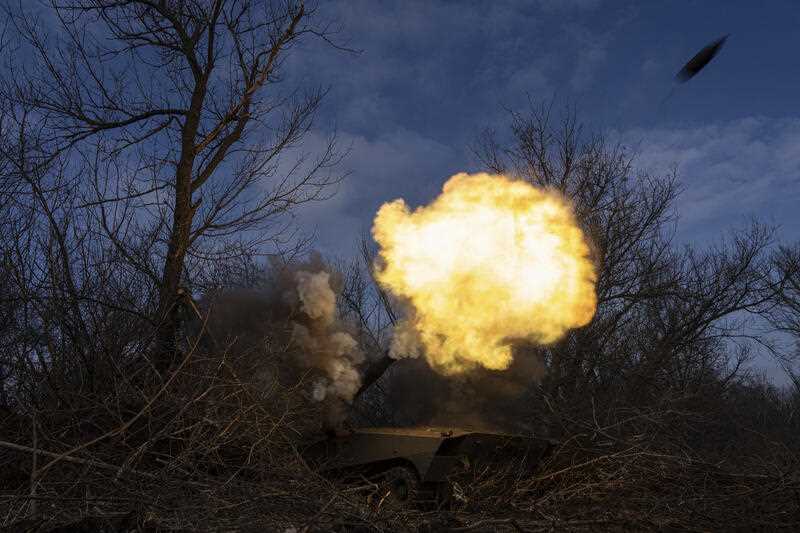 Ukrainian self propelled howitzer 2s1 of 80 Air Assault brigade fires towards Russian forces at the frontline near Bakhmut, Ukraine, Friday, March 10, 2023